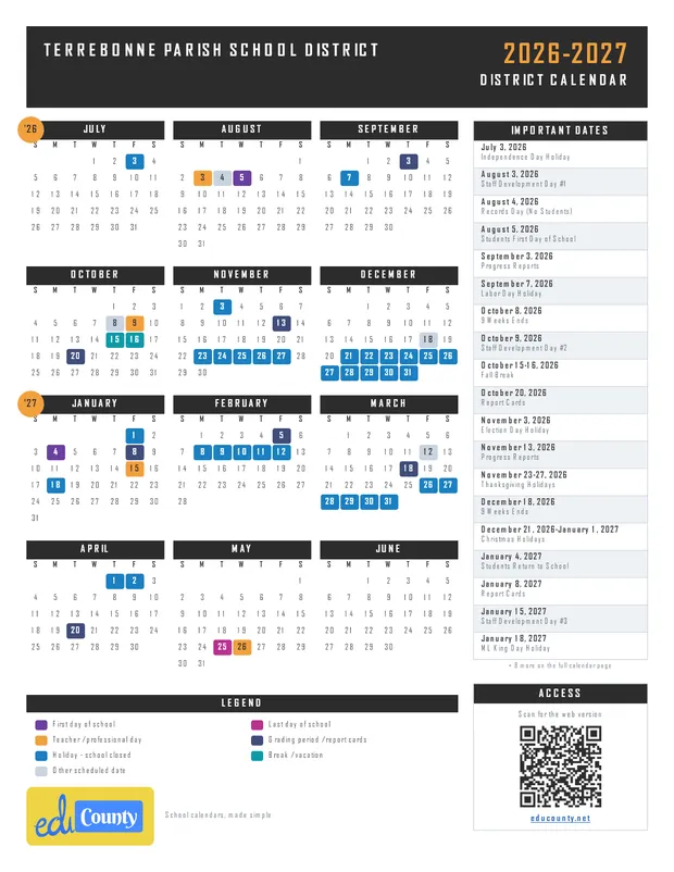 Terrebonne Parish School District printable 2026-27 calendar