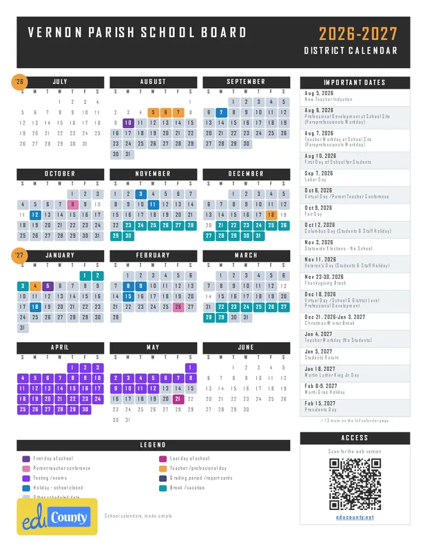 Vernon Parish School Board printable 2026-27 calendar
