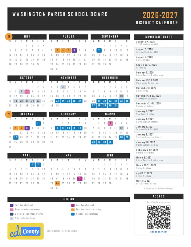 Washington Parish School Board printable 2026-27 calendar