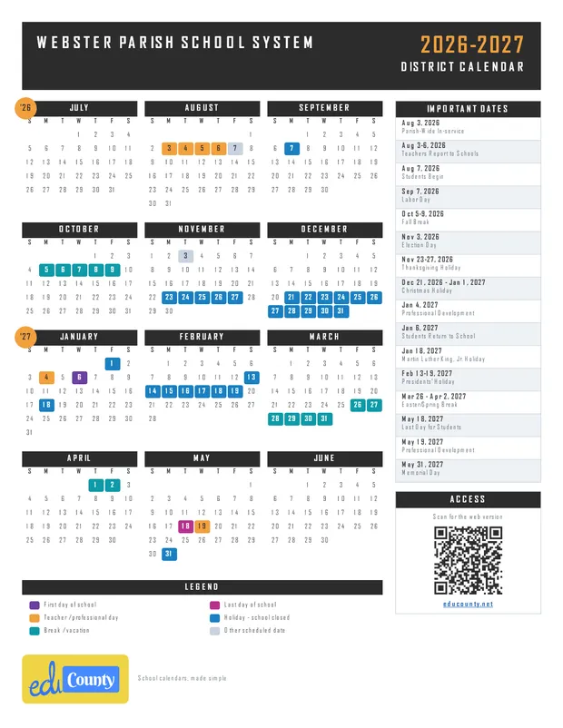 Webster Parish School System printable 2026-27 calendar