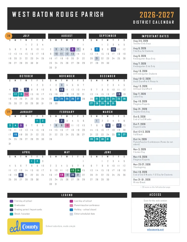 West Baton Rouge Parish printable 2026-27 calendar