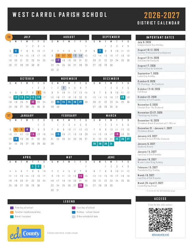 West Carrol Parish School printable 2026-27 calendar