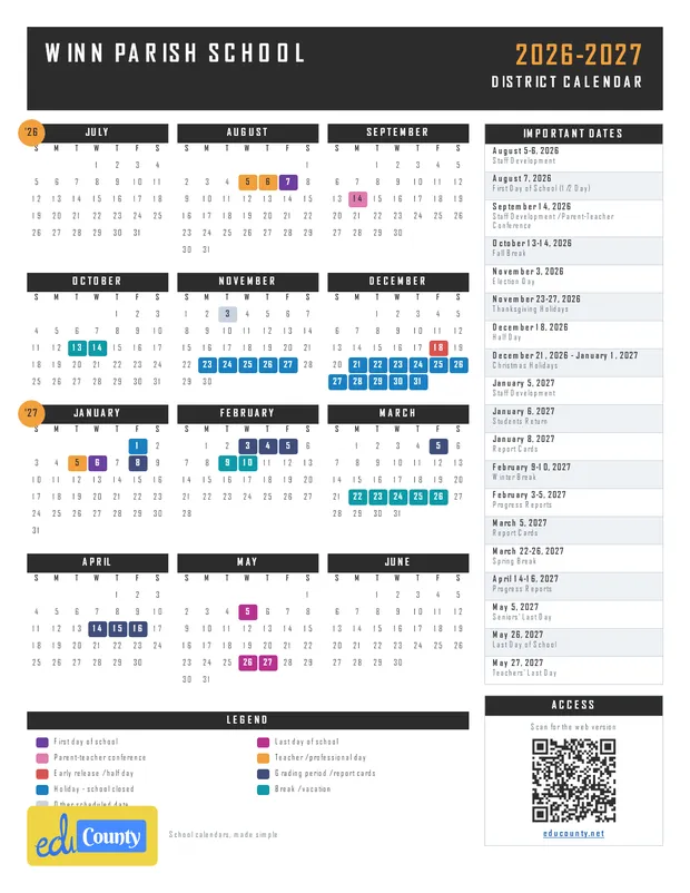Winn Parish School printable 2026-27 calendar
