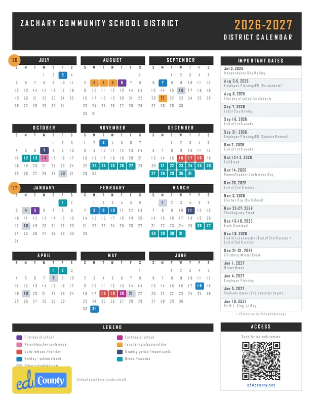 Zachary Community School District printable 2026-27 calendar