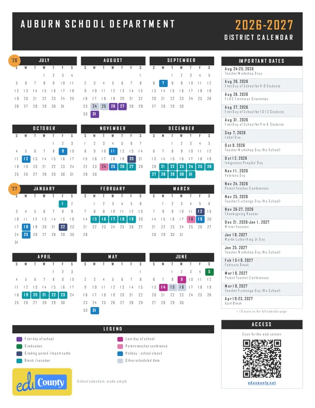 Auburn School Department printable 2026-27 calendar