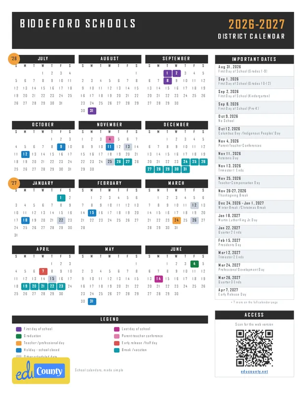 Biddeford Schools printable 2026-27 calendar
