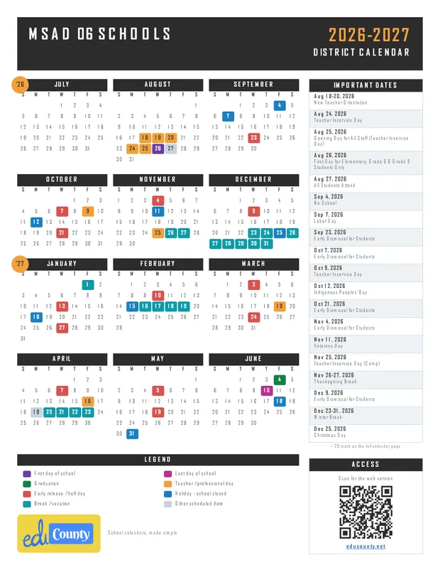 MSAD 06 Schools printable 2026-27 calendar