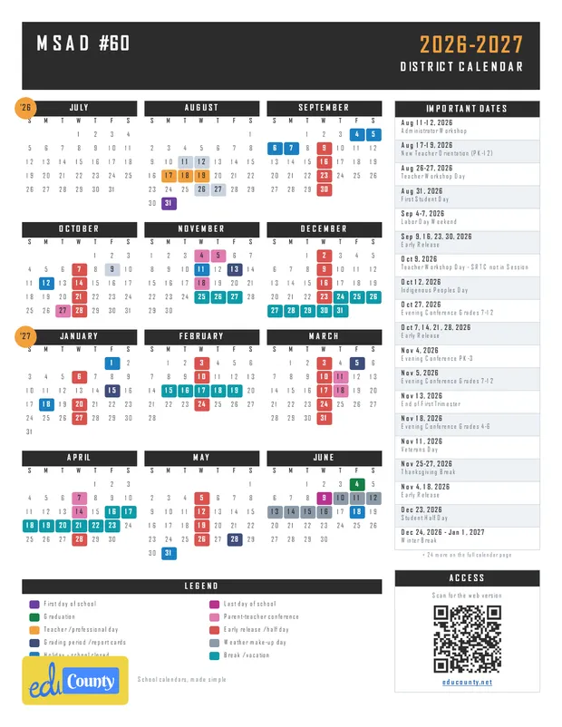 MSAD #60 printable 2026-27 calendar