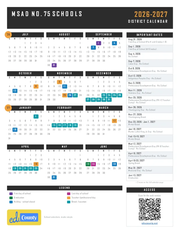 MSAD No. 75 Schools printable 2026-27 calendar