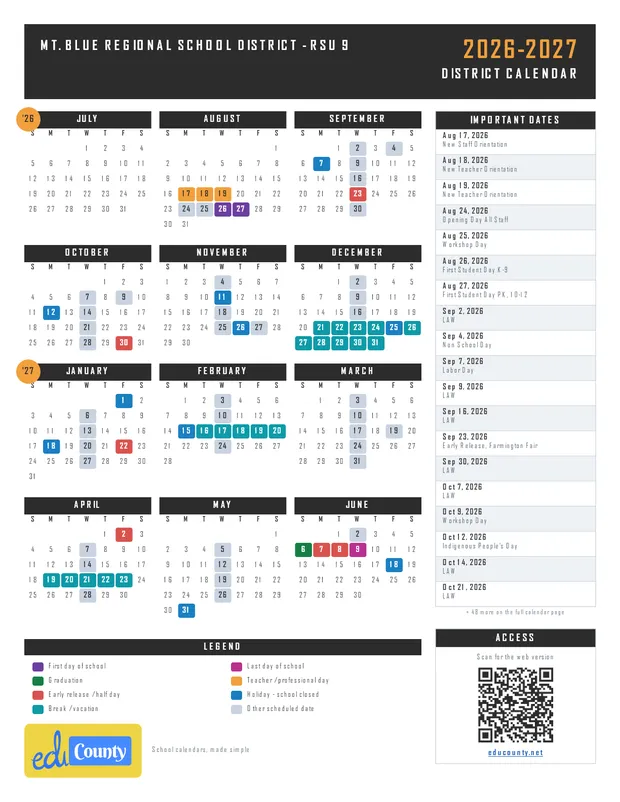 Mt. Blue Regional School District - RSU 9 printable 2026-27 calendar