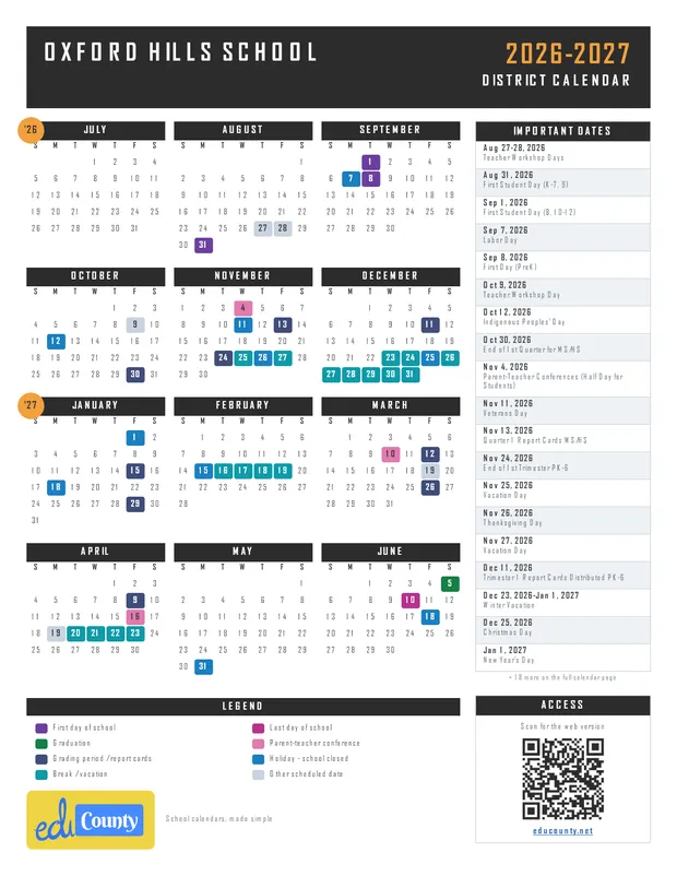 Oxford Hills School printable 2026-27 calendar