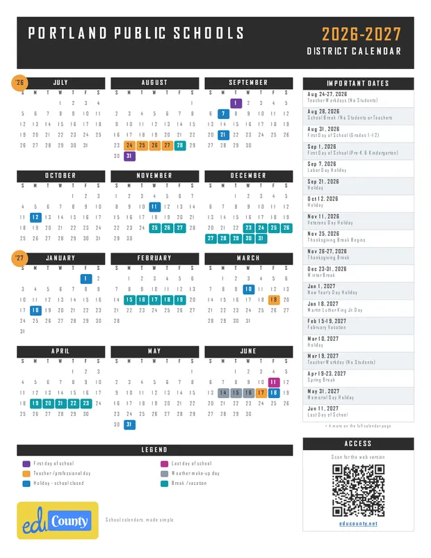 Portland Public Schools printable 2026-27 calendar
