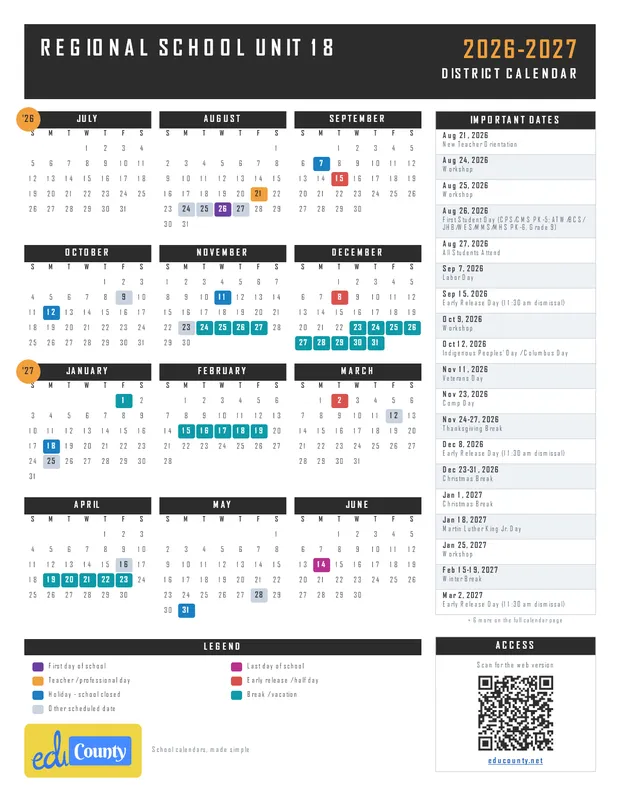 Regional School Unit 18 printable 2026-27 calendar