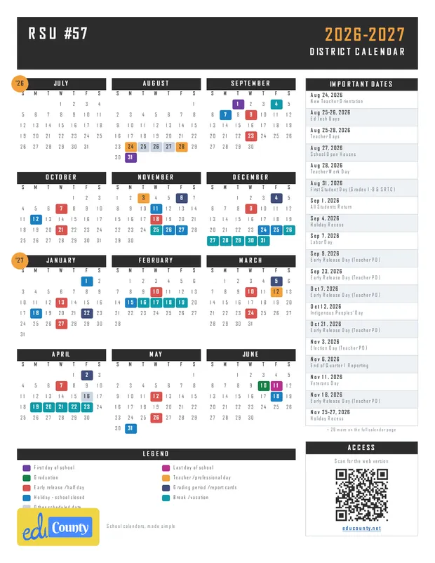 RSU #57 printable 2026-27 calendar