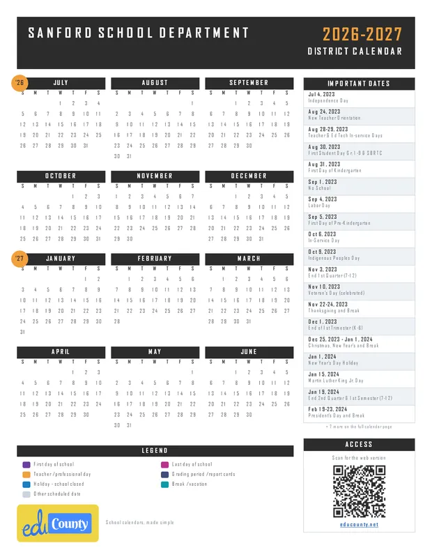 Sanford School Department printable 2026-27 calendar