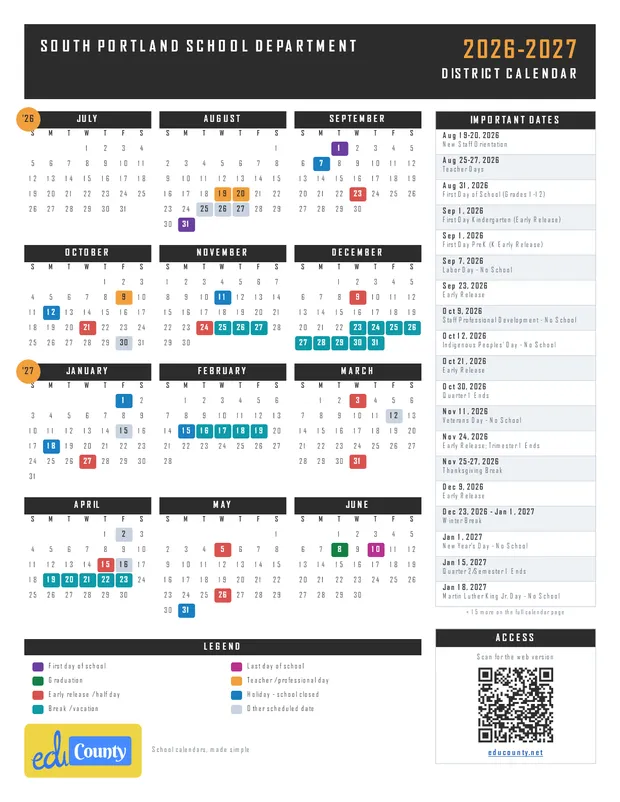 South Portland School Department printable 2026-27 calendar
