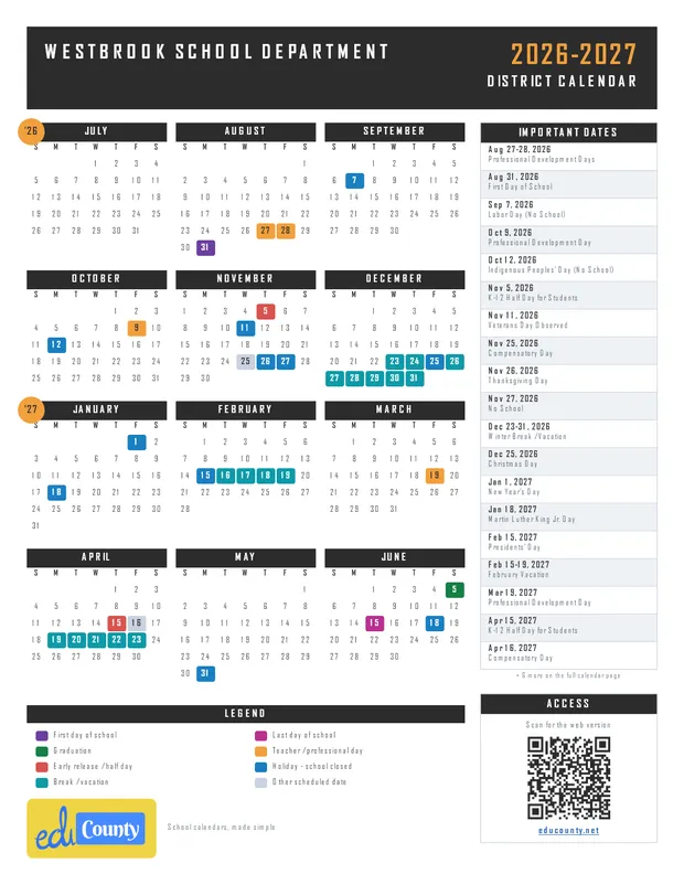 Westbrook School Department printable 2026-27 calendar