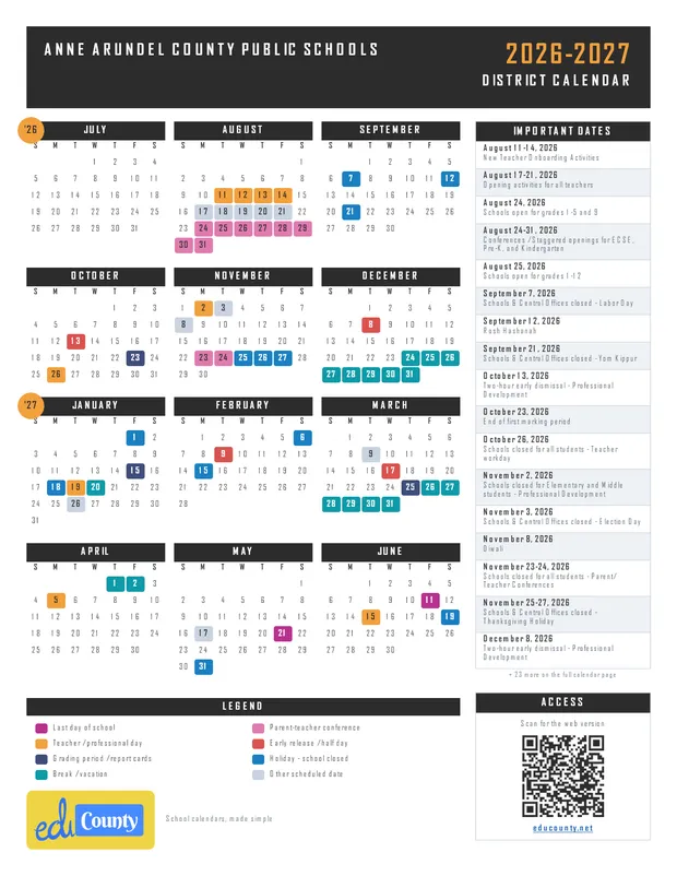 Anne Arundel County Public Schools printable 2026-27 calendar