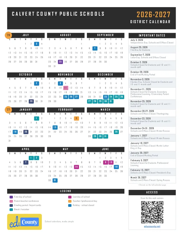 Calvert County Public Schools printable 2026-27 calendar
