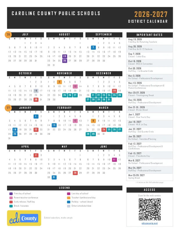 Caroline County Public Schools printable 2026-27 calendar