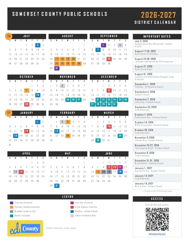 Somerset County Public Schools printable 2026-27 calendar