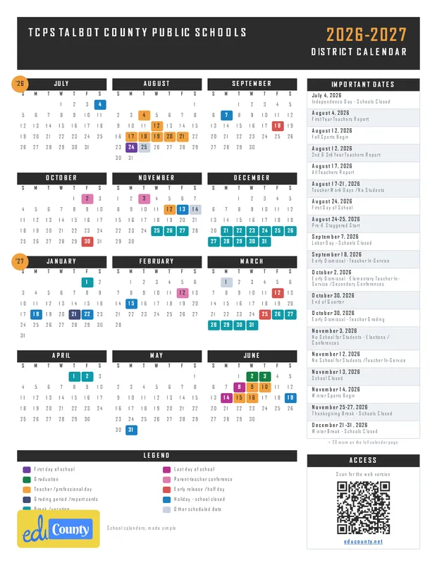 TCPS Talbot County Public Schools printable 2026-27 calendar