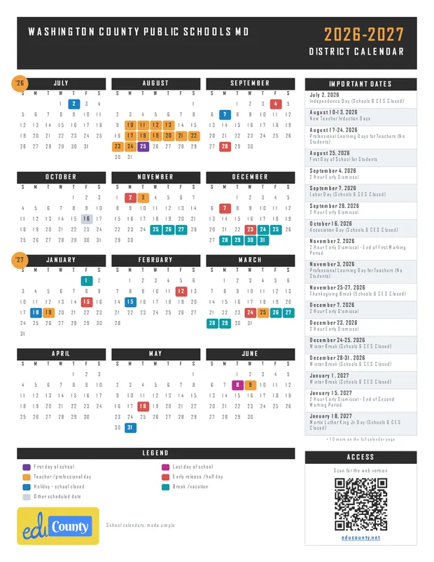 Washington County Public Schools printable 2026-27 calendar