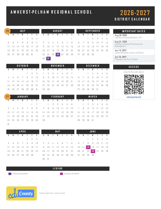 Amherst-Pelham Regional School printable 2026-27 calendar