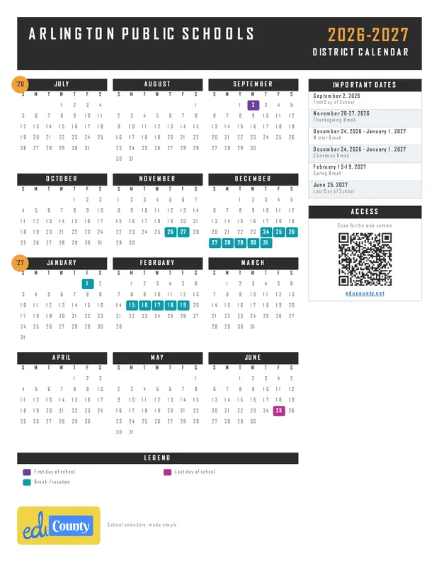 Arlington Public Schools printable 2026-27 calendar