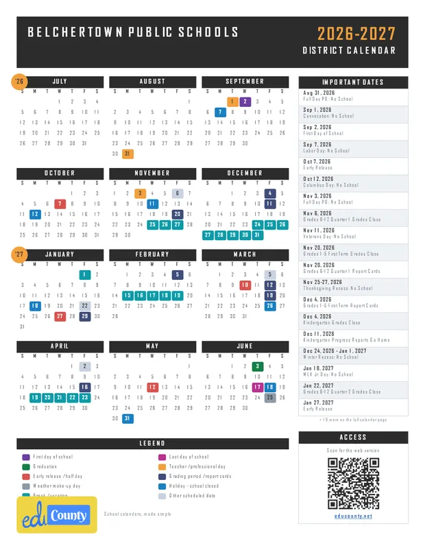 Belchertown Public Schools printable 2026-27 calendar