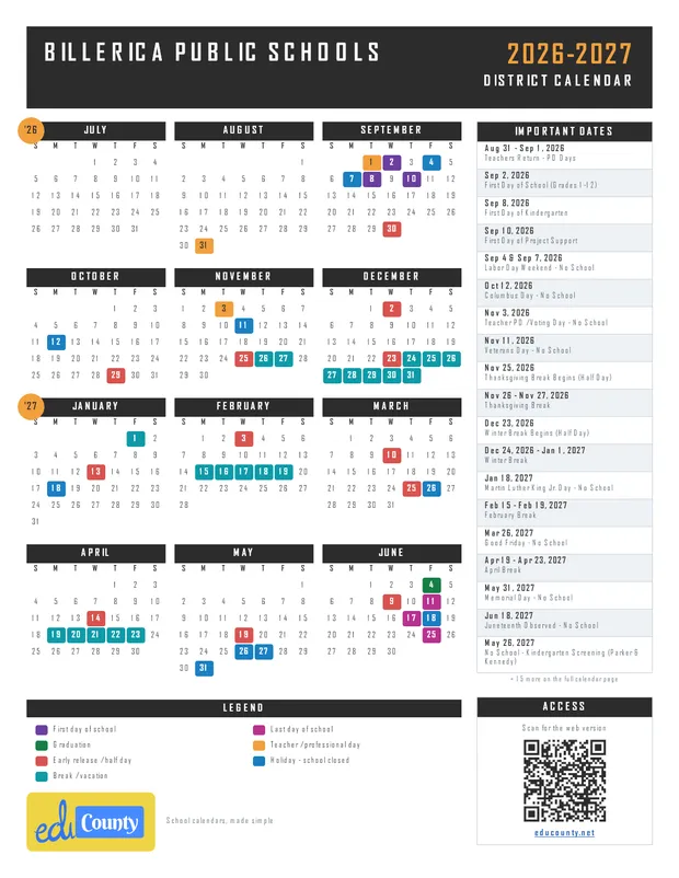 Billerica Public Schools printable 2026-27 calendar