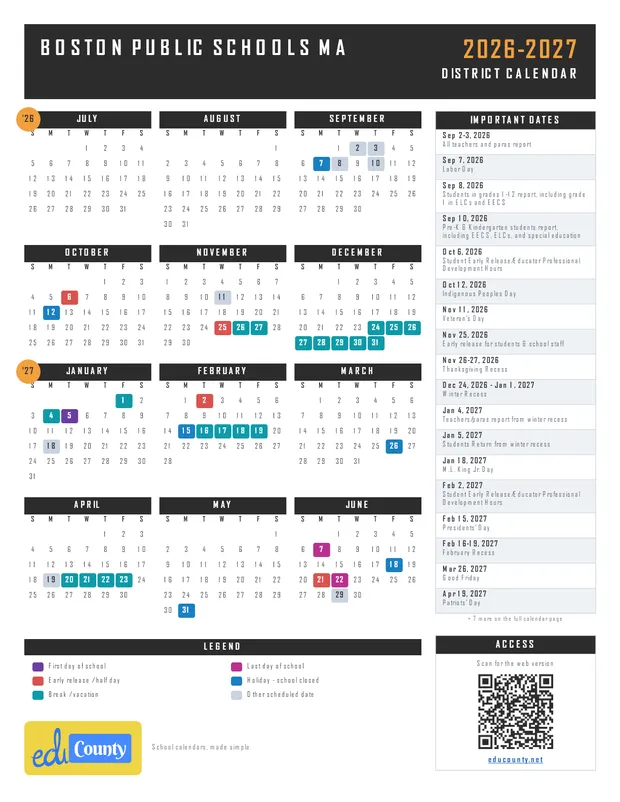 Boston Public Schools printable 2026-27 calendar