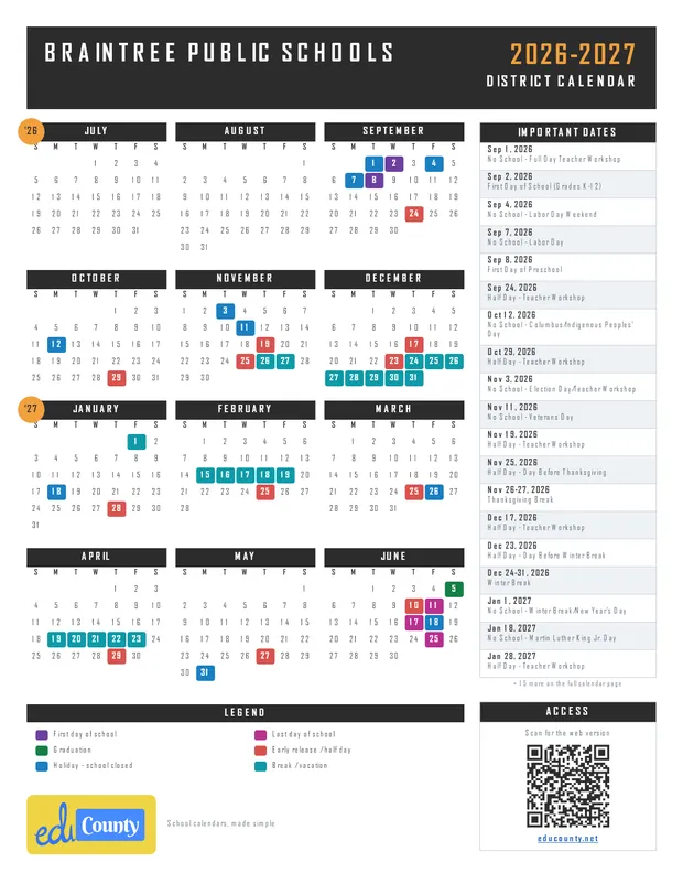 Braintree Public Schools printable 2026-27 calendar