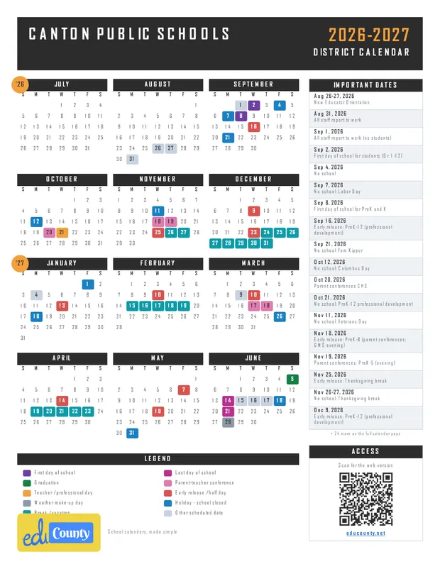 Canton Public Schools printable 2026-27 calendar