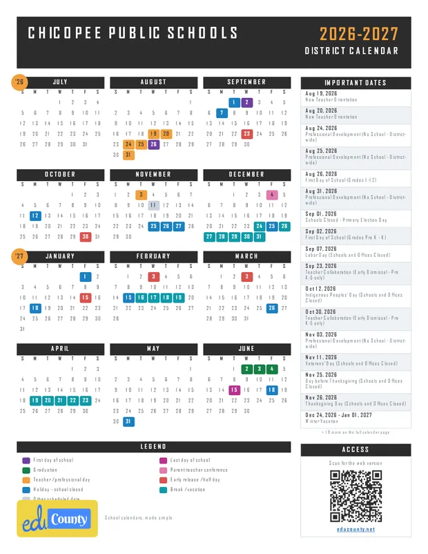 CHICOPEE PUBLIC SCHOOLS printable 2026-27 calendar