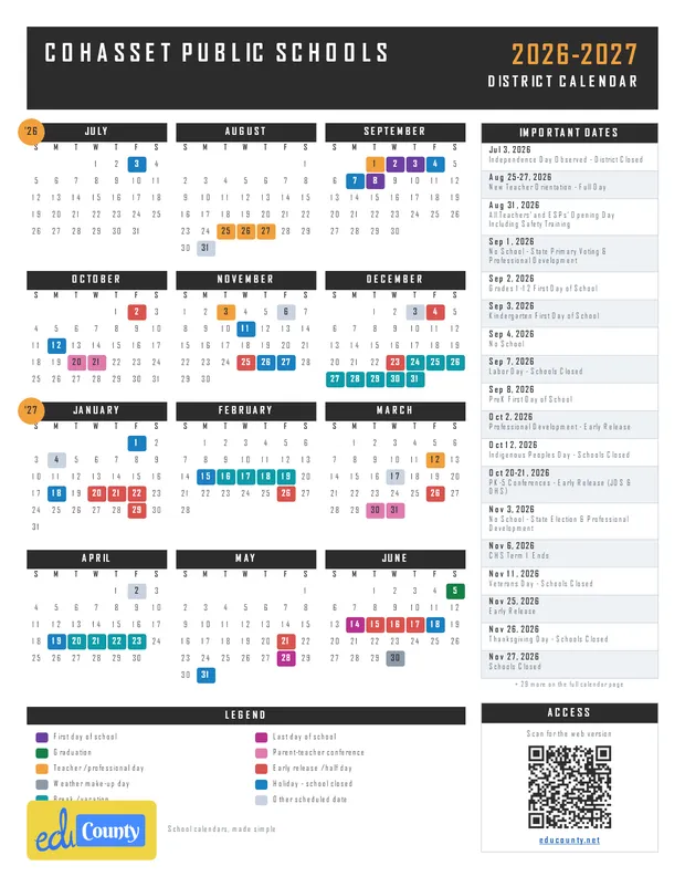 Cohasset Public Schools printable 2026-27 calendar