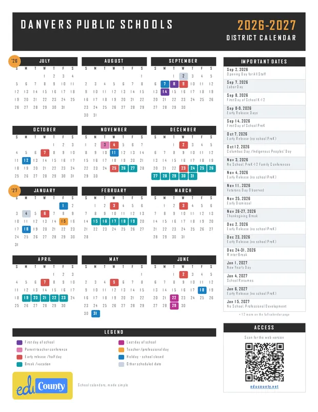 Danvers Public Schools printable 2026-27 calendar
