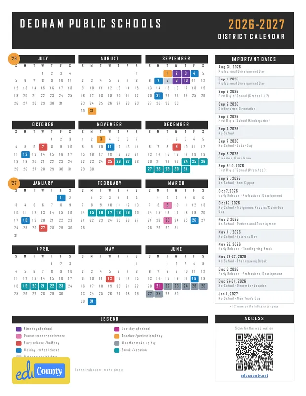 Dedham Public Schools printable 2026-27 calendar