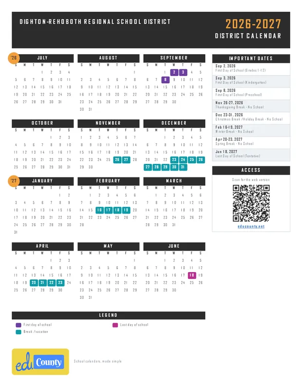 Dighton-Rehoboth Regional School District printable 2026-27 calendar