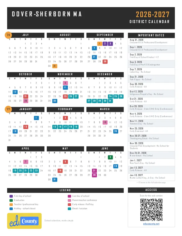 Dover-Sherborn printable 2026-27 calendar