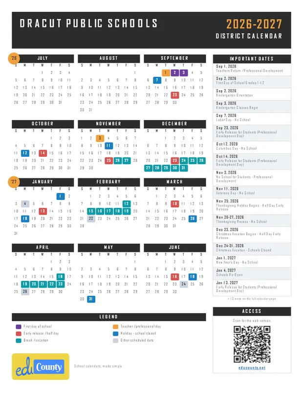 Dracut Public Schools printable 2026-27 calendar