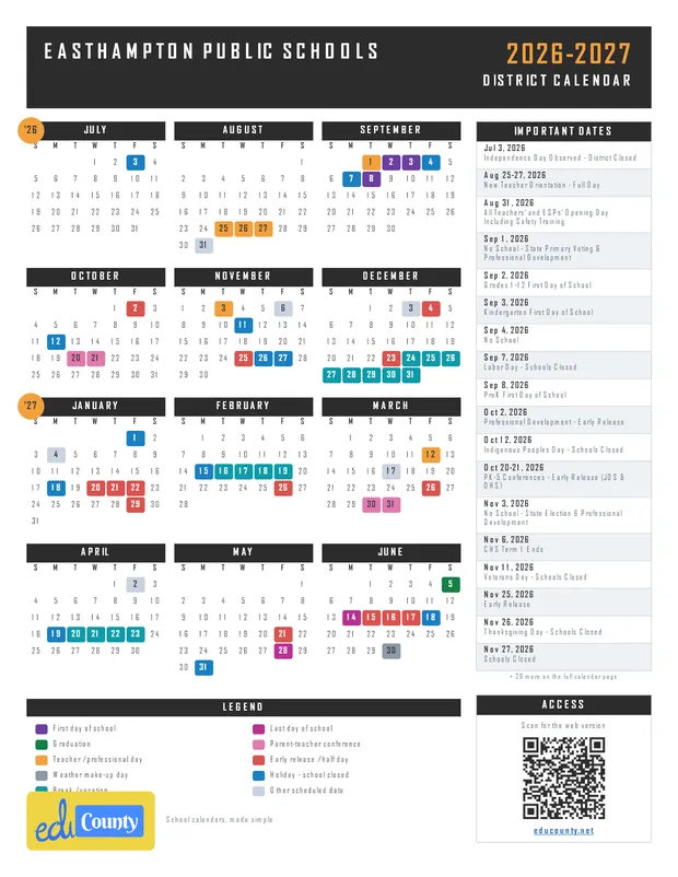 Easthampton Public Schools printable 2026-27 calendar