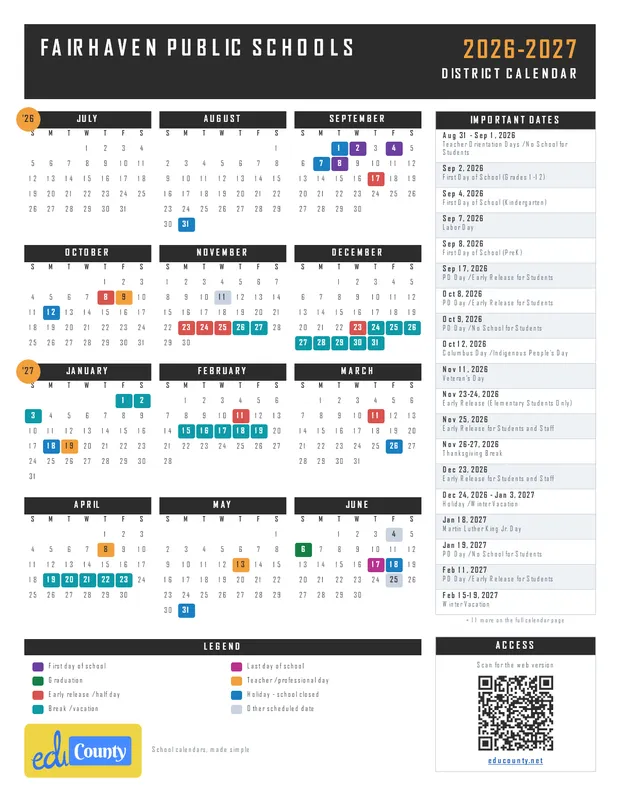 Fairhaven Public Schools printable 2026-27 calendar