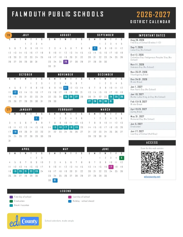 Falmouth Public Schools printable 2026-27 calendar