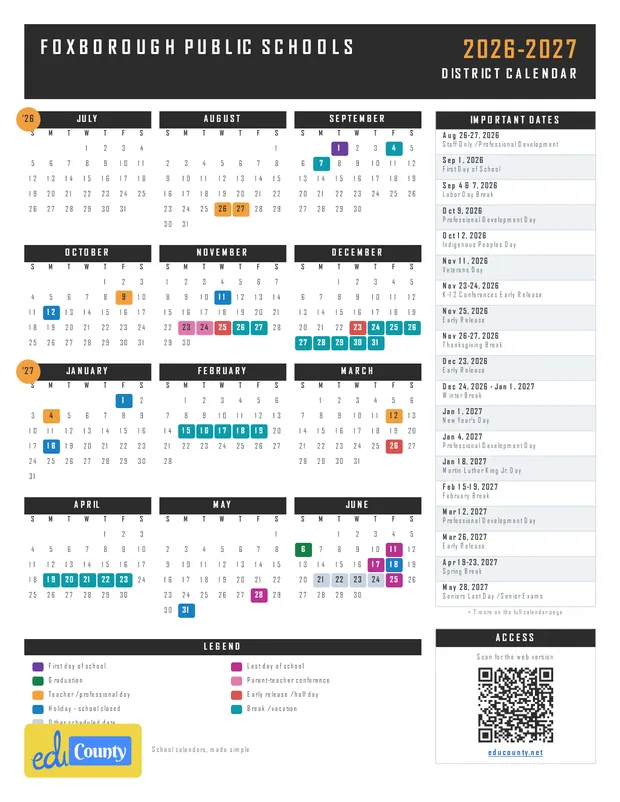 Foxborough Public Schools printable 2026-27 calendar