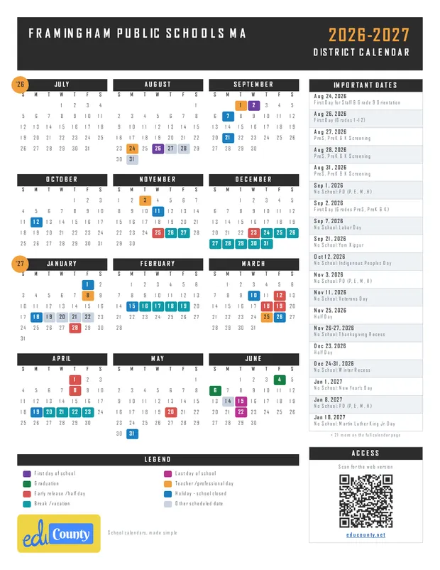 Framingham Public Schools printable 2026-27 calendar