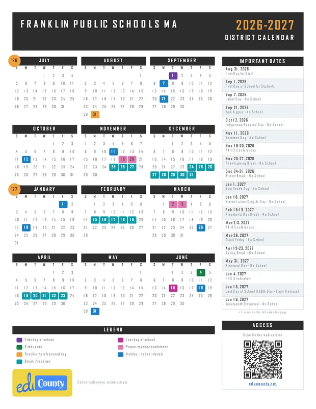 Franklin Public Schools printable 2026-27 calendar