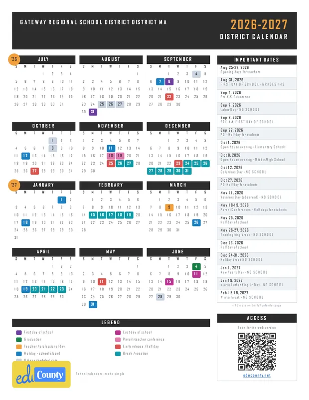 Gateway Regional School District printable 2026-27 calendar