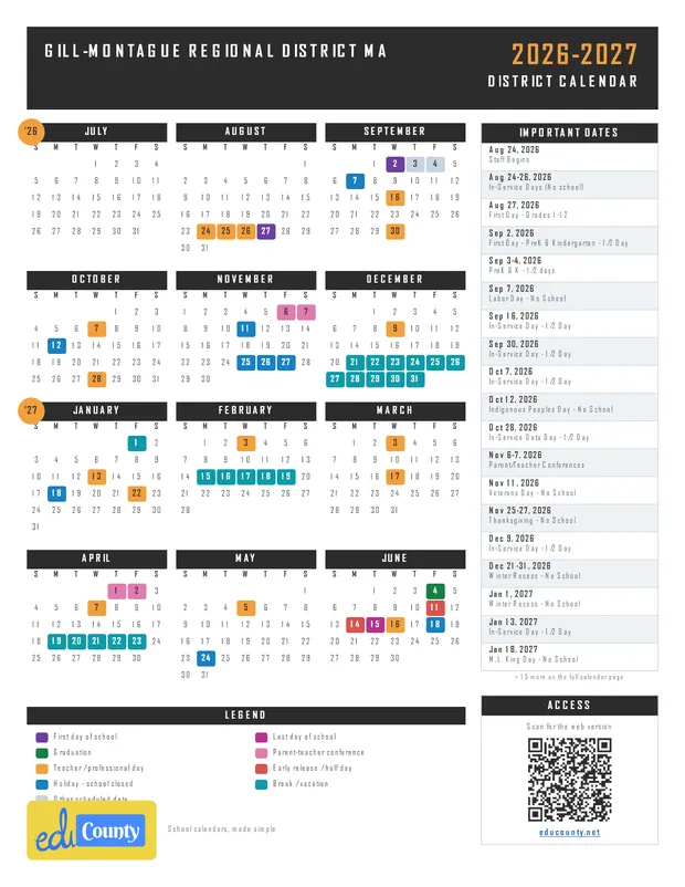 Gill-Montague Regional District printable 2026-27 calendar