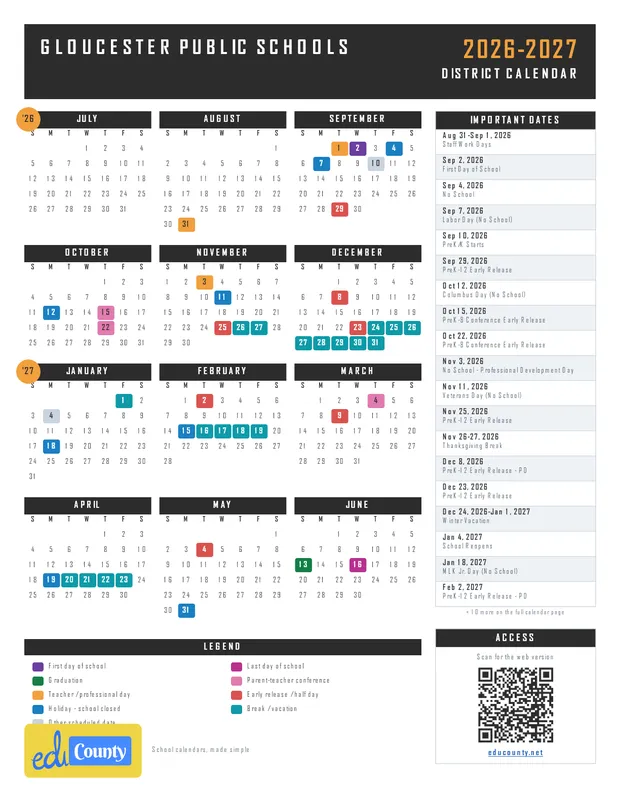 Gloucester Public Schools printable 2026-27 calendar